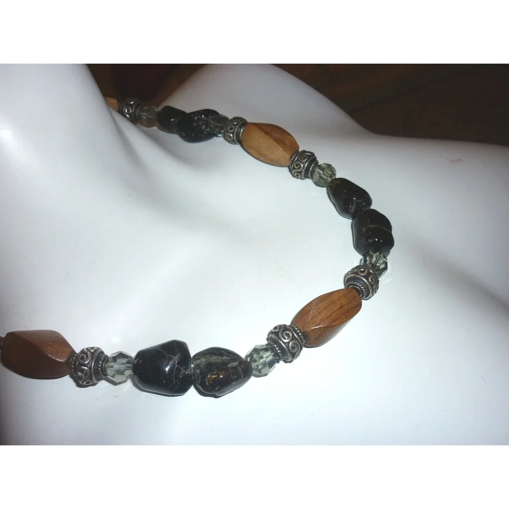 Chunky Beaded Necklace Wood Stone Glass Silver Tone S-Hook Clasp Brown Black 17